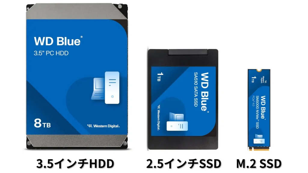 HDD、SSD、M.2SSDの画像